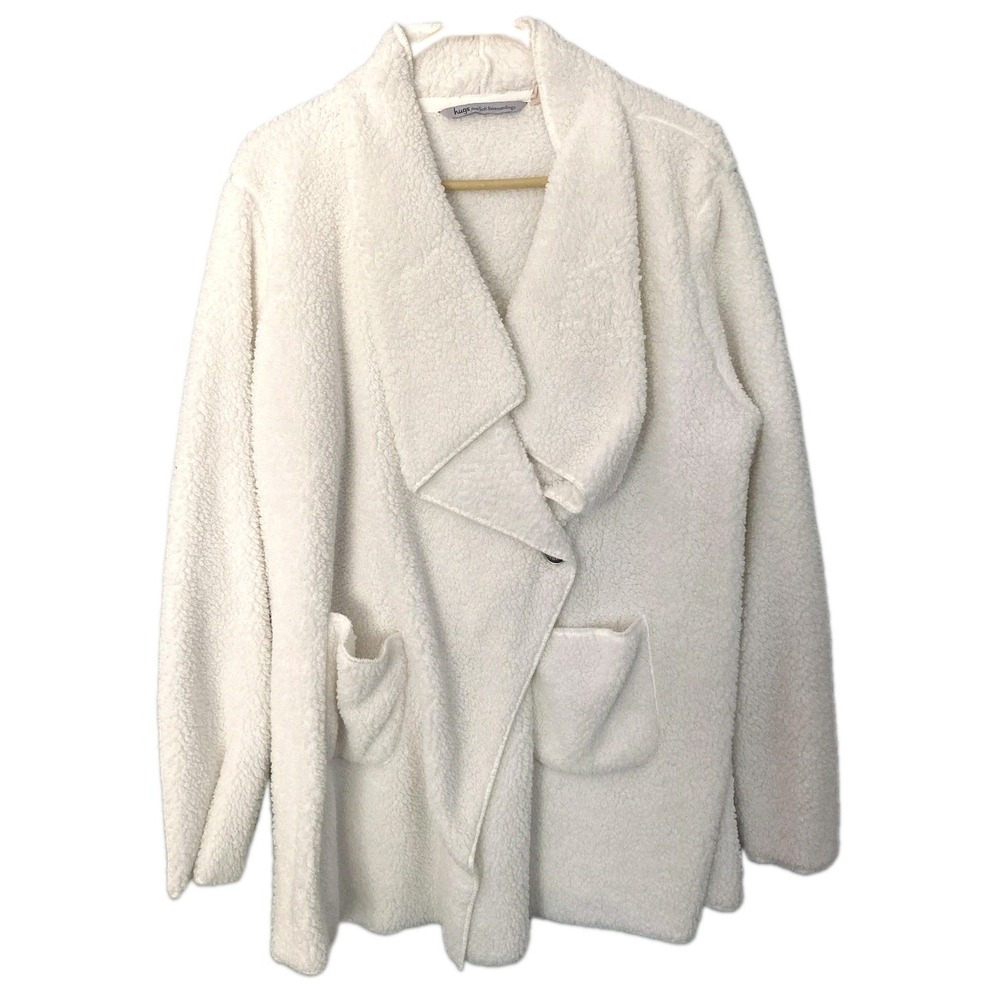 Hugs Soft Surroundings Coat Women L White Sherpa Fleece Button Pockets Cozy Warm
